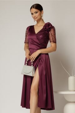 Rochie midi mov de ocazie din tafta si paiete
