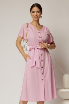 Rochie midi roz de zi din in tip camasa cu manecile scurte