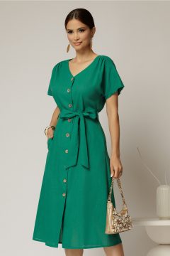 Rochie midi verde de zi din in tip camasa cu manecile scurte