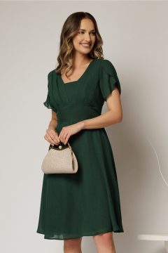 Rochie midi verde din voal cu sidef si maneci scurte petrecute